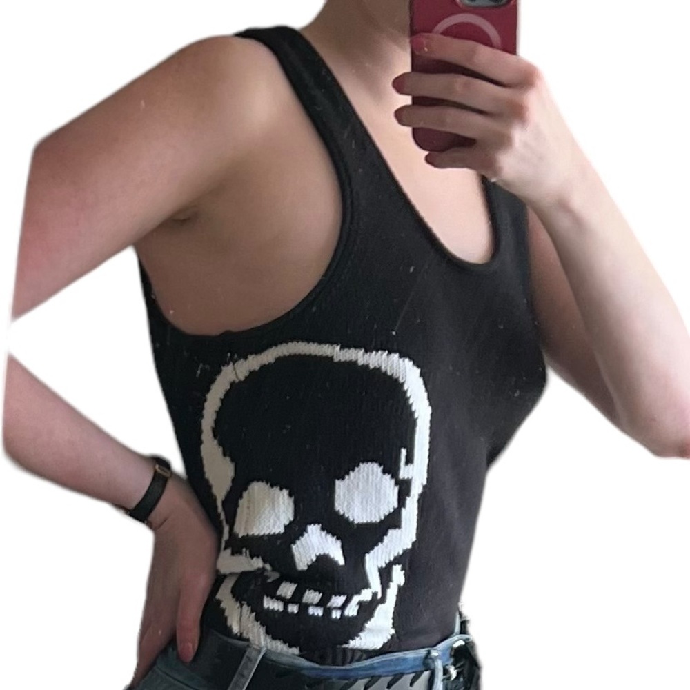 Late Y2K Skull Cashmere 100% Cotton Skull Print Black Knit Scoop Neck Tank - Picture 5 of 11